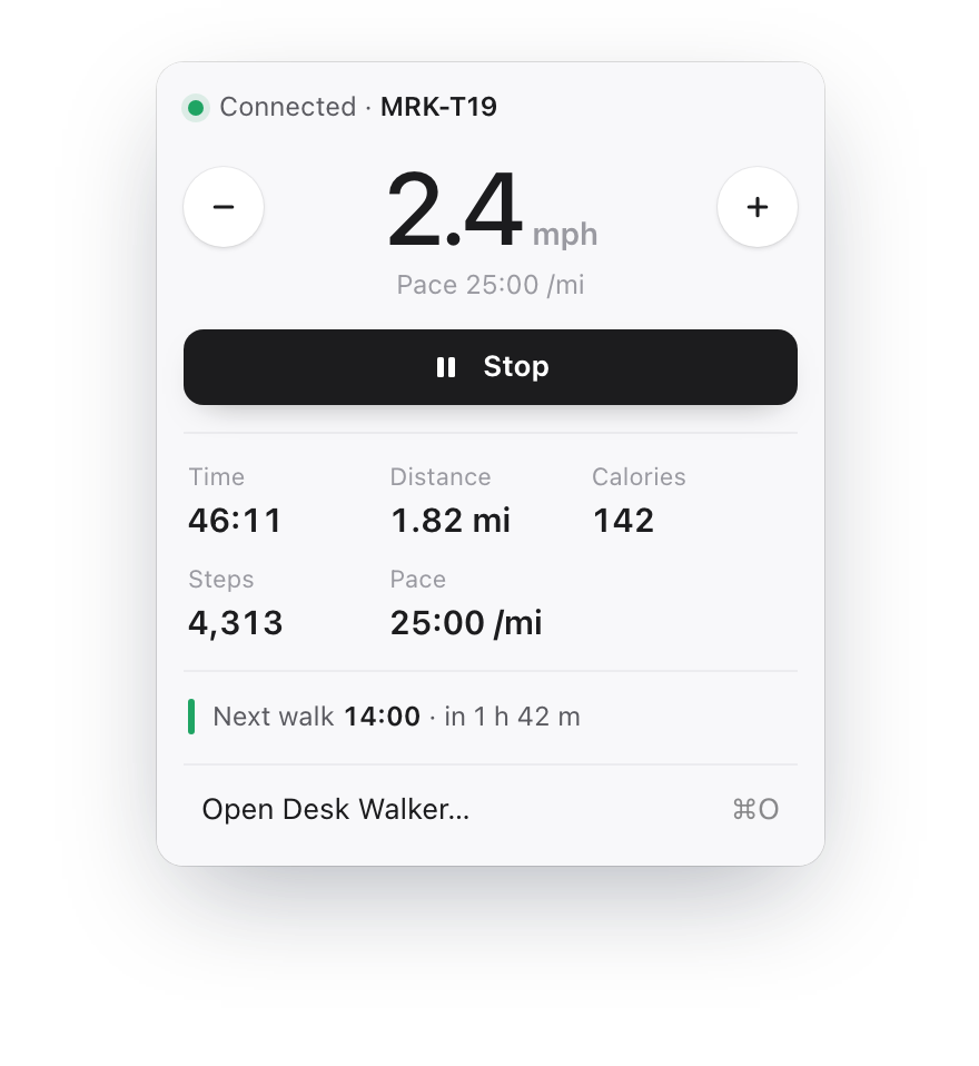 The menu bar panel showing 2.4 mph, a Stop button and live stats