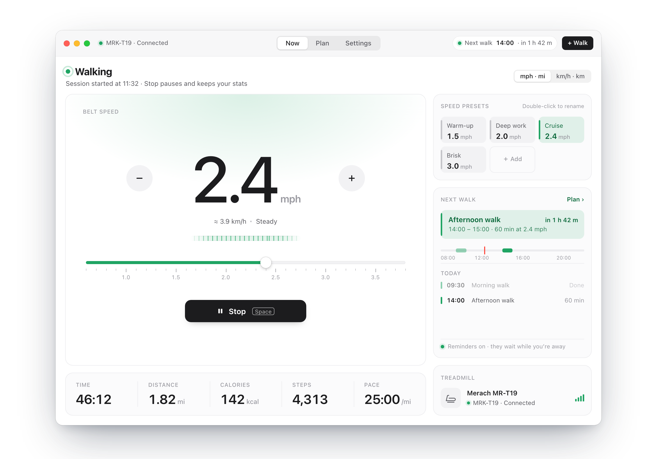 The Now tab with a large 2.4 mph readout, slider, presets and stats