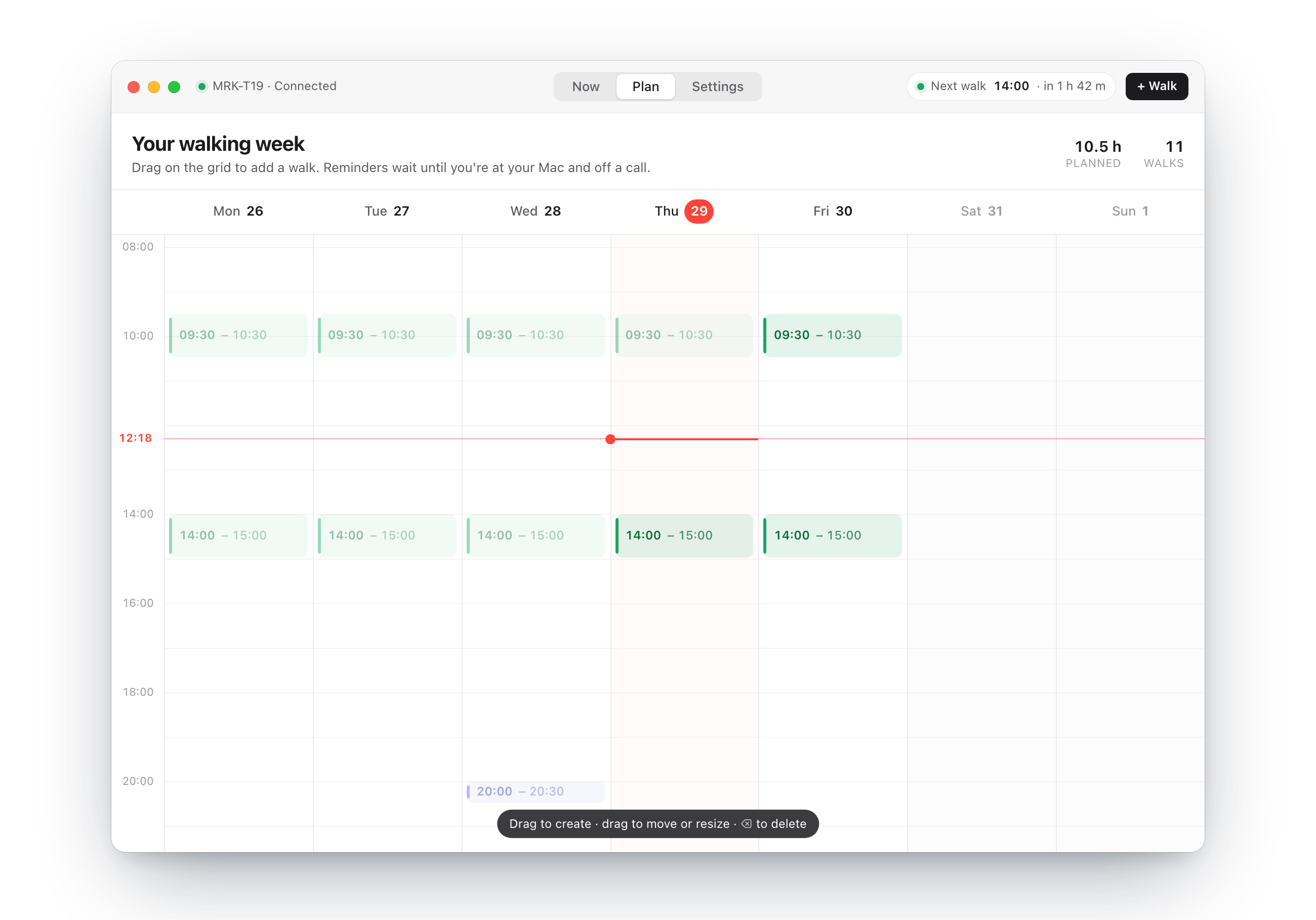 The Plan tab: a weekly timeline with walks at 09:30 and 14:00 on weekdays